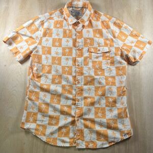Free Planet Mens Orange White Checkered Palm Tree Short Sleeve Button Down M
